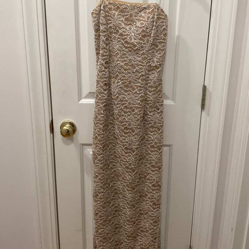 Long beige some bling strapless dress size 5/6